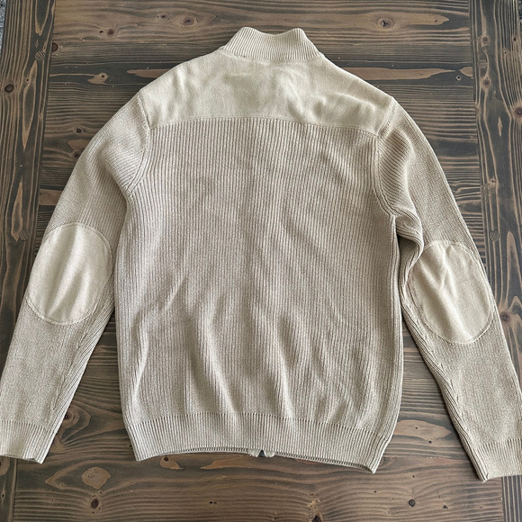 Chaps Mens Beige Cotton Knit Cardigan Sweater Zip up Size L Elbow Patches - Picture 7 of 9